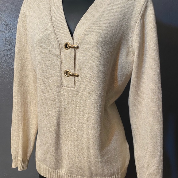CHARTER CLUB Ivory and Gold Metallic Sweater with gold Hinged Closures - Picture 2 of 16
